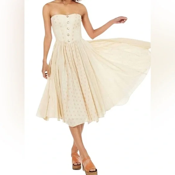 Free People AMANDA METALLIC LUREX STRIPE Strapless Cotton DRESS (M) in cream - Picture 3 of 12
